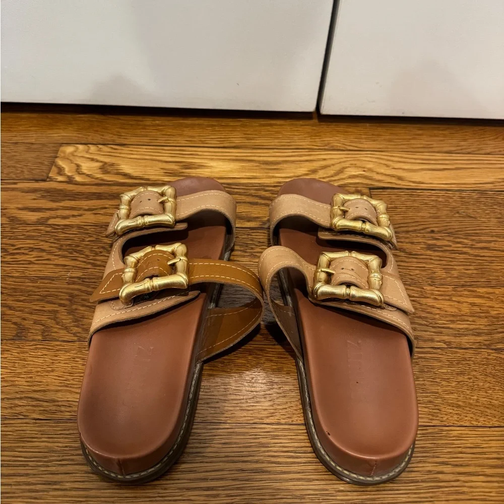 Schutz Enola sporty leather sandal- Brown Slide Sandals with Gold Buckles - Picture 6 of 7